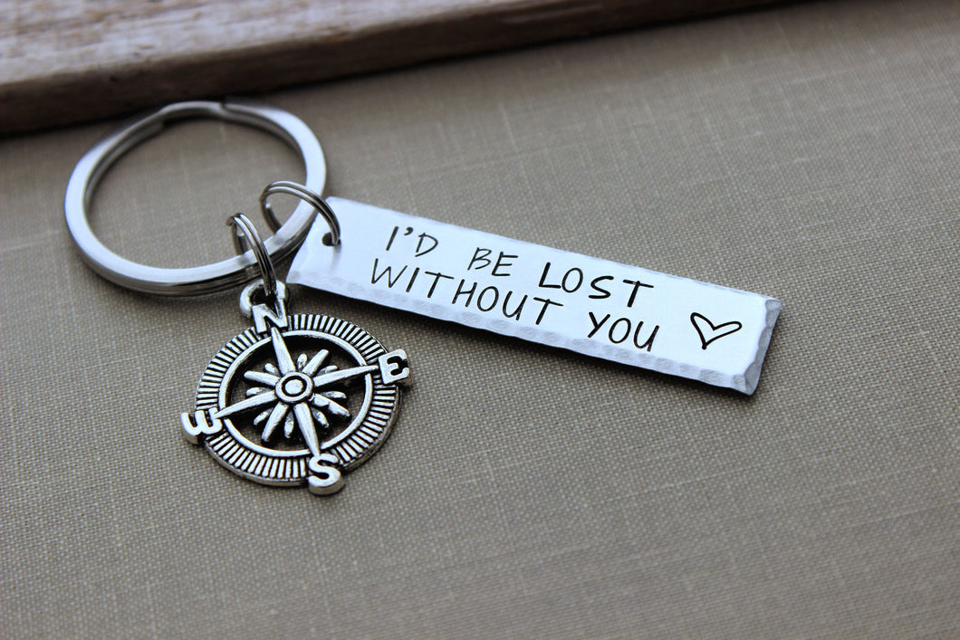 I'd be lost without you keychain - Silver Aluminum Hand Stamped  Bar Key Chain - Compass charm - Valentine's Day gift for him