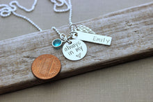 Load image into Gallery viewer, always in my heart -  memorial necklace - sterling silver - Personalized nameplate and birthstone - angel wing charm necklace custom name

