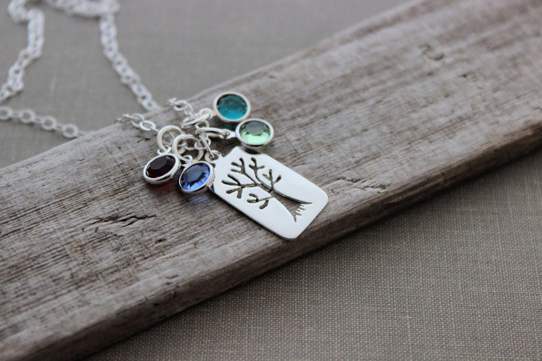 Family Tree Necklace -  Sterling Silver - Personalized with Swarovski crystal birthstones - Mother's Day gift for mom or grandma