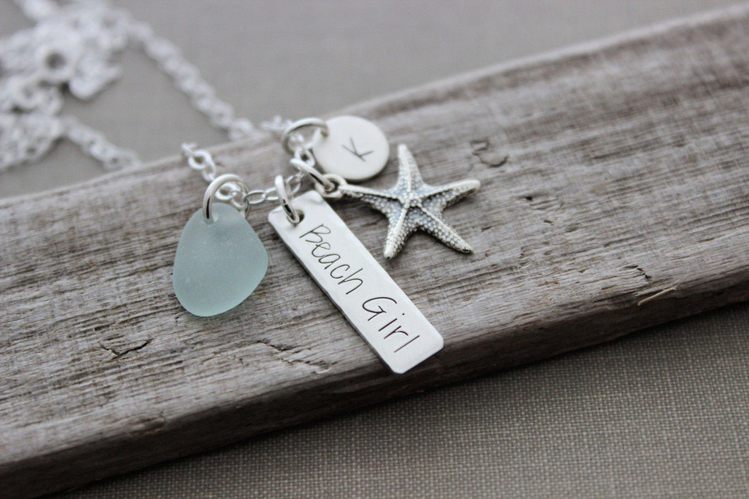 Beach Girl Bar Necklace - Sterling silver with Starfish charm genuine sea glass and personalized initial