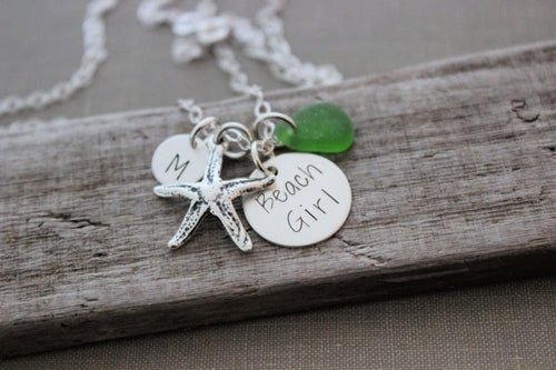 Beach Girl, Personalized Charm Necklace, Sterling Silver Starfish, Sea Glass and Mini Initial, Sea Foam, Mint Green, Hand Stamped seaglass