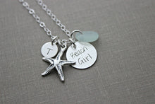 Load image into Gallery viewer, Beach Girl, Personalized Charm Necklace, Sterling Silver Starfish, Sea Glass and Mini Initial, Sea Foam, Mint Green, Hand Stamped seaglass
