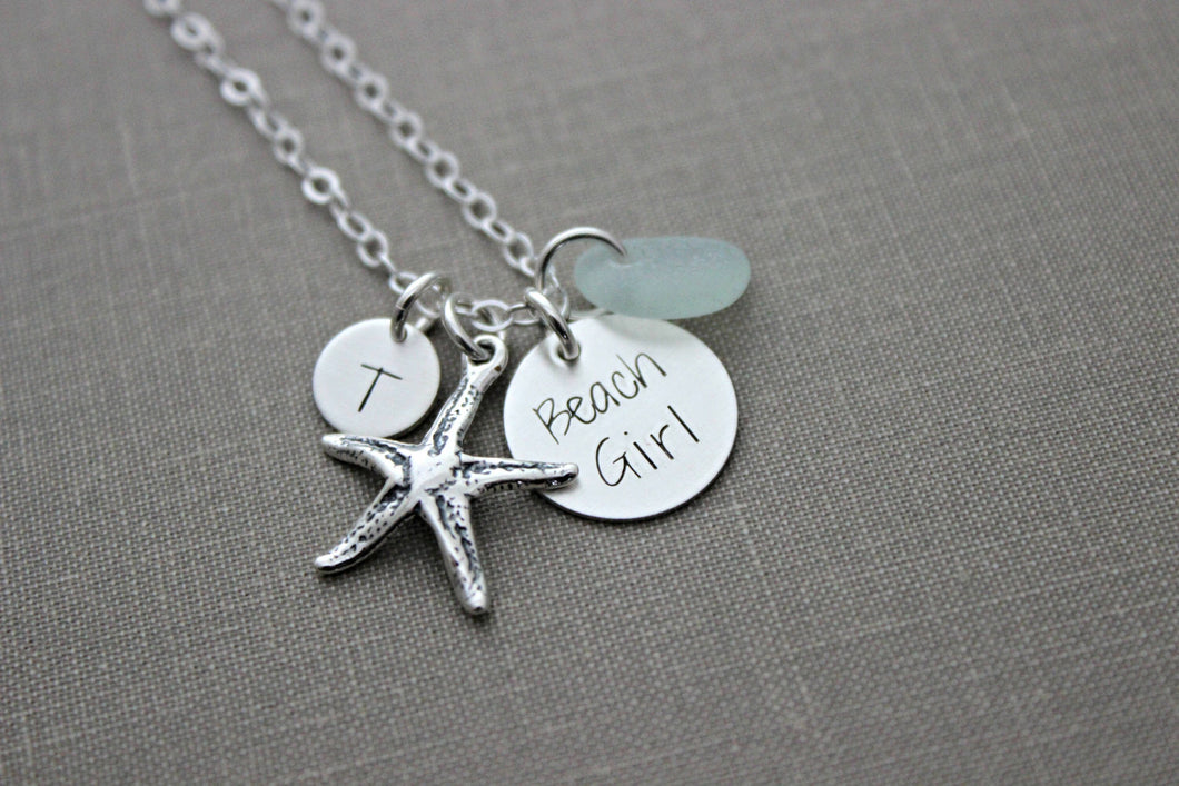 Beach Girl, Personalized Charm Necklace, Sterling Silver Starfish, Sea Glass and Mini Initial, Sea Foam, Mint Green, Hand Stamped seaglass