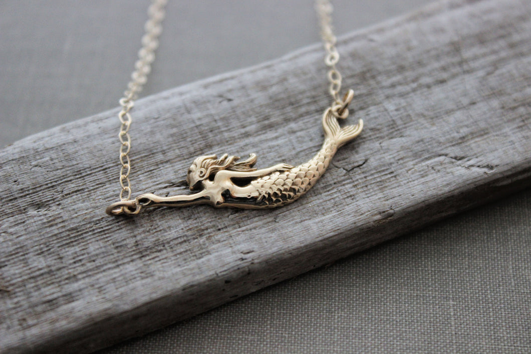 Mermaid Necklace - Gold filled cable chain with bronze sideways mermaid charm - simple beach jewelry - birthday gift for her