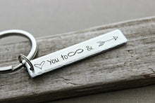 Load image into Gallery viewer, Love you to infinity and beyond keychain - Copper or silver aluminum - Hand Stamped Key chain - Gift idea for him -  Antiqued rustic style
