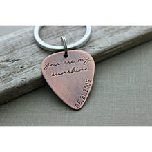 Load image into Gallery viewer, You are my sunshine, Rustic Guitar Pick keychain, Hand Stamped Copper Guitar Pick, 18g, Gift for him, or Musician, music lover
