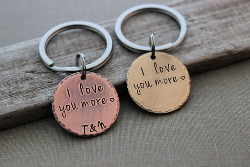 I love you more - Copper or bronze Hand Stamped Disc Keychain - Rustic Antiqued Style - personalized Gift for Groom - Wedding Day - Husband