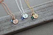 Load image into Gallery viewer, Birthstone Mini Initial necklace - Sterling Silver, rose gold fill or gold filled Personalized Monogram Necklace - Swarovski - Simple Modern
