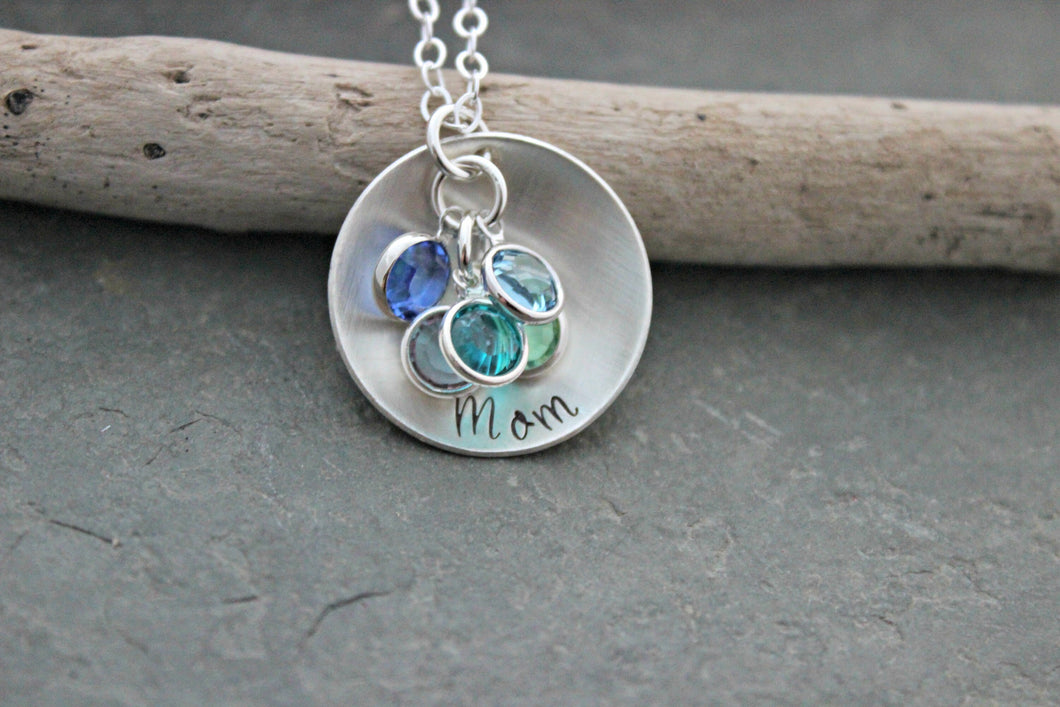 Mother's Necklace, Sterling silver cupped disc necklace with Swarovski crystal birthstones, Gift for her, Gift for Grandma Christmas Gift