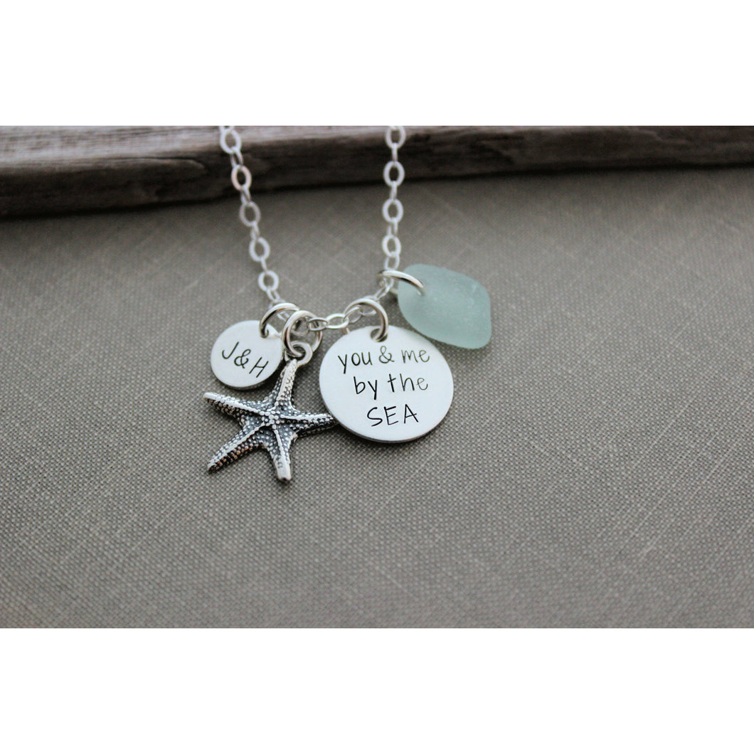 you & me by the SEA sterling silver charm beach necklace - genuine sea glass charm of choice - personalized initials - gift for her