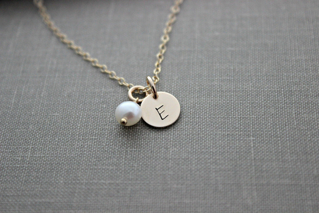 14k Gold filled initial necklace with white pearl - Monogram necklace - Simple Jewelry - Mini monogram charm - June birthday gift for her