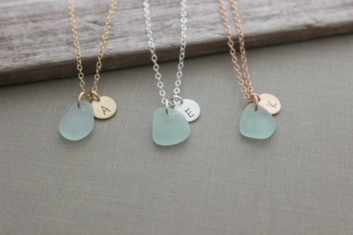 Genuine Sea Glass Initial Necklace - Personalized Monogram  - Minimalist - Choice of 14k gold filled, rose gold filled or sterling silver