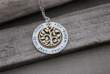 Load image into Gallery viewer, Mixed Metal Family Tree Name Necklace - Hand Stamped Sterling Silver Washer with Gold Bronze Tree - Personalized Christmas gift
