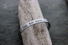 Load image into Gallery viewer, I love you more - Hand stamped silver aluminum cuff bracelet - 1/4 Inch skinny stacking bangle - Valentine&#39;s Day gift for her

