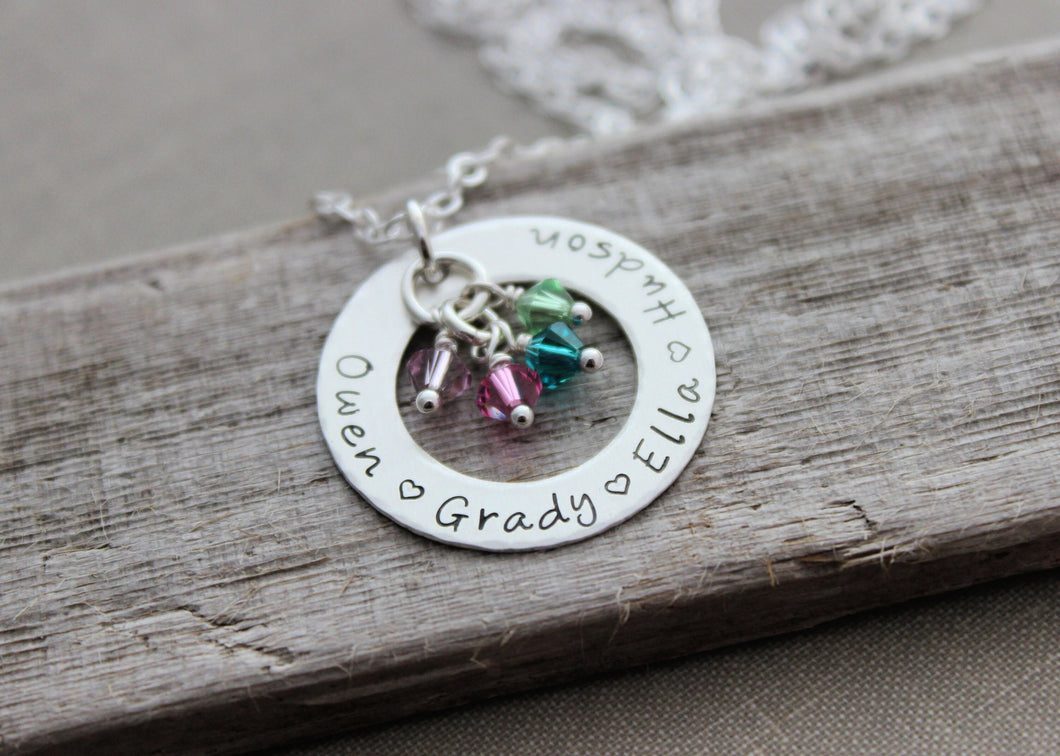 Personalized Name Ring Necklace - Sterling silver - Swarovski Crystal Birthstones