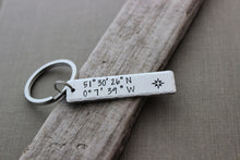Load image into Gallery viewer, Custom Coordinates Keychain - Aluminum Hand Stamped Latitude and Longitude GPS Coordinate  Bar Key Chain - Gift for Him - Special place
