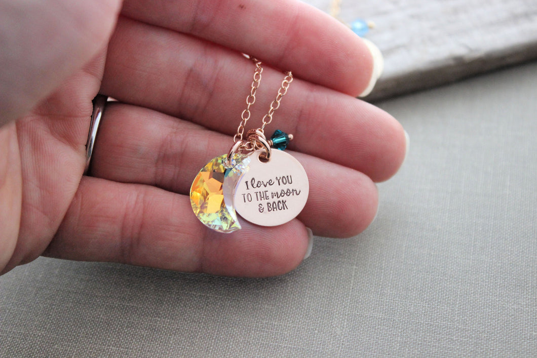 love you to the moon & back necklace -  Rose gold fill, sterling silver or 14k gold filled - Swarovski crystal moon and birthstones