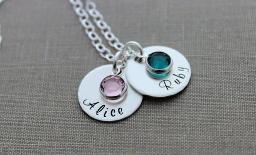 Sterling Silver personalized name necklace - Swarovski Crystal Birthstone - round circle disc personalized, Mommy Jewelry - Gift for her