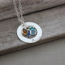 Load image into Gallery viewer, Sterling Silver personalized Necklace - Hand Stamped - Swarovski Crystal Birthstones - Customized with any name
