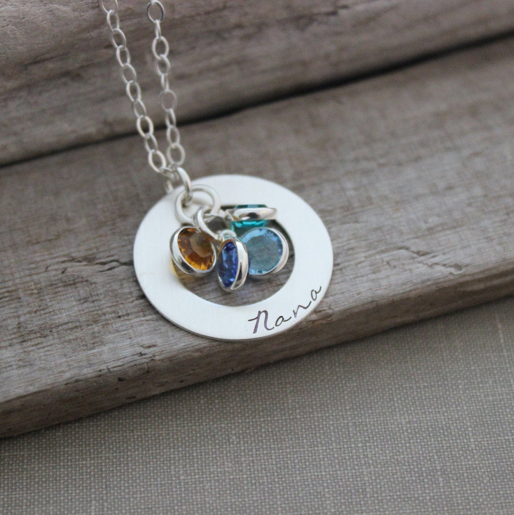 Sterling Silver personalized Necklace - Hand Stamped - Swarovski Crystal Birthstones - Customized with any name