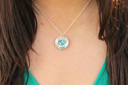 Mother's Necklace, Sterling silver cupped disc necklace with Swarovski crystal birthstones, Gift for her, Gift for Grandma Christmas Gift