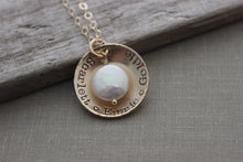 Load image into Gallery viewer, Personalized Gold name necklace - gold filled cupped disc with freshwater pearl - Custom name jewelry - Christmas Gift for mom or grandma
