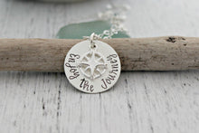 Load image into Gallery viewer, enjoy the journey, sterling silver necklace with sterling silver compass charm and chain, hand stamped , graduation gift idea, wanderer gift
