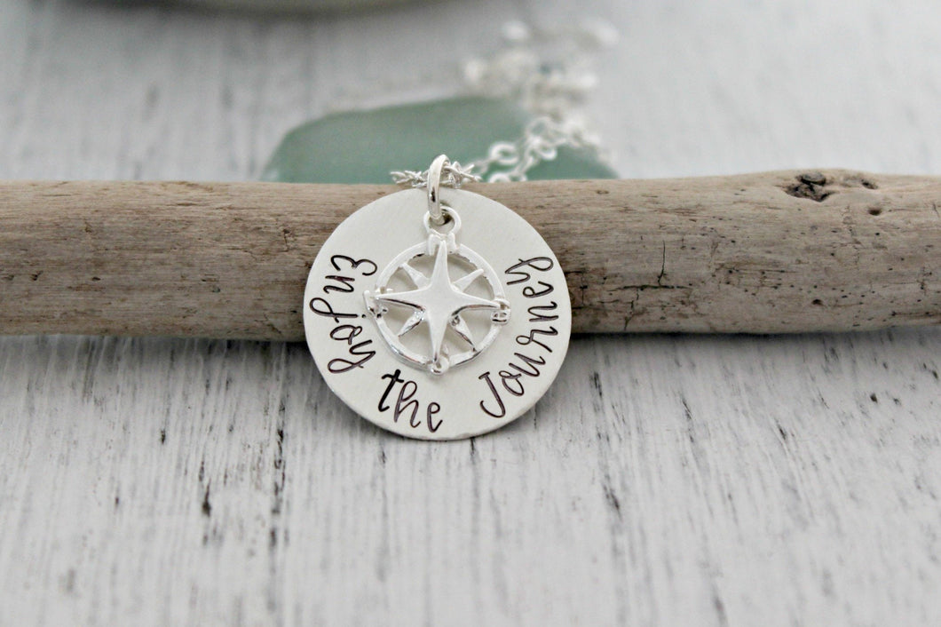 enjoy the journey, sterling silver necklace with sterling silver compass charm and chain, hand stamped , graduation gift idea, wanderer gift