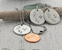 Load image into Gallery viewer, Whidbey Island Necklace - Hand stamped outline of Whidbey Island Washington State Pewter Disc Stainless - chain - Anchor, compass or heart
