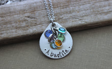Load image into Gallery viewer, Personalized Necklace - Pewter Hand Stamped Silver tone teardrop - Stainless steel chain - Swarovski crystal Birthstones - Gift for mom
