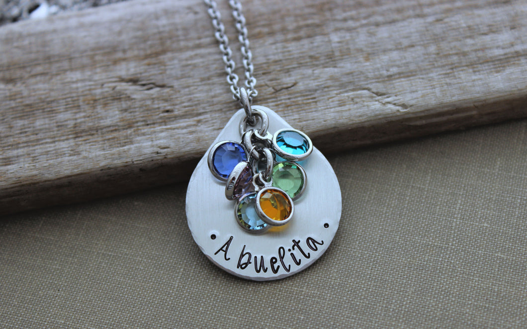 Personalized Necklace - Pewter Hand Stamped Silver tone teardrop - Stainless steel chain - Swarovski crystal Birthstones - Gift for mom
