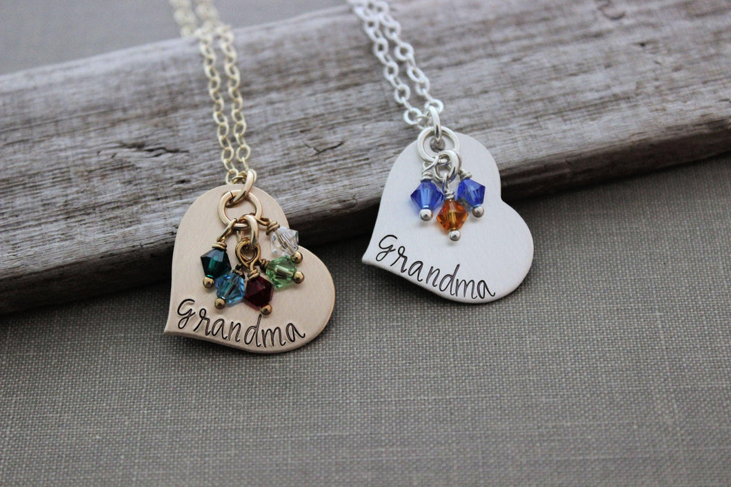 14k Gold filled or Sterling Silver personalized heart necklace with Swarovski crystal birthstone charms - Christmas gift - Family Jewelry