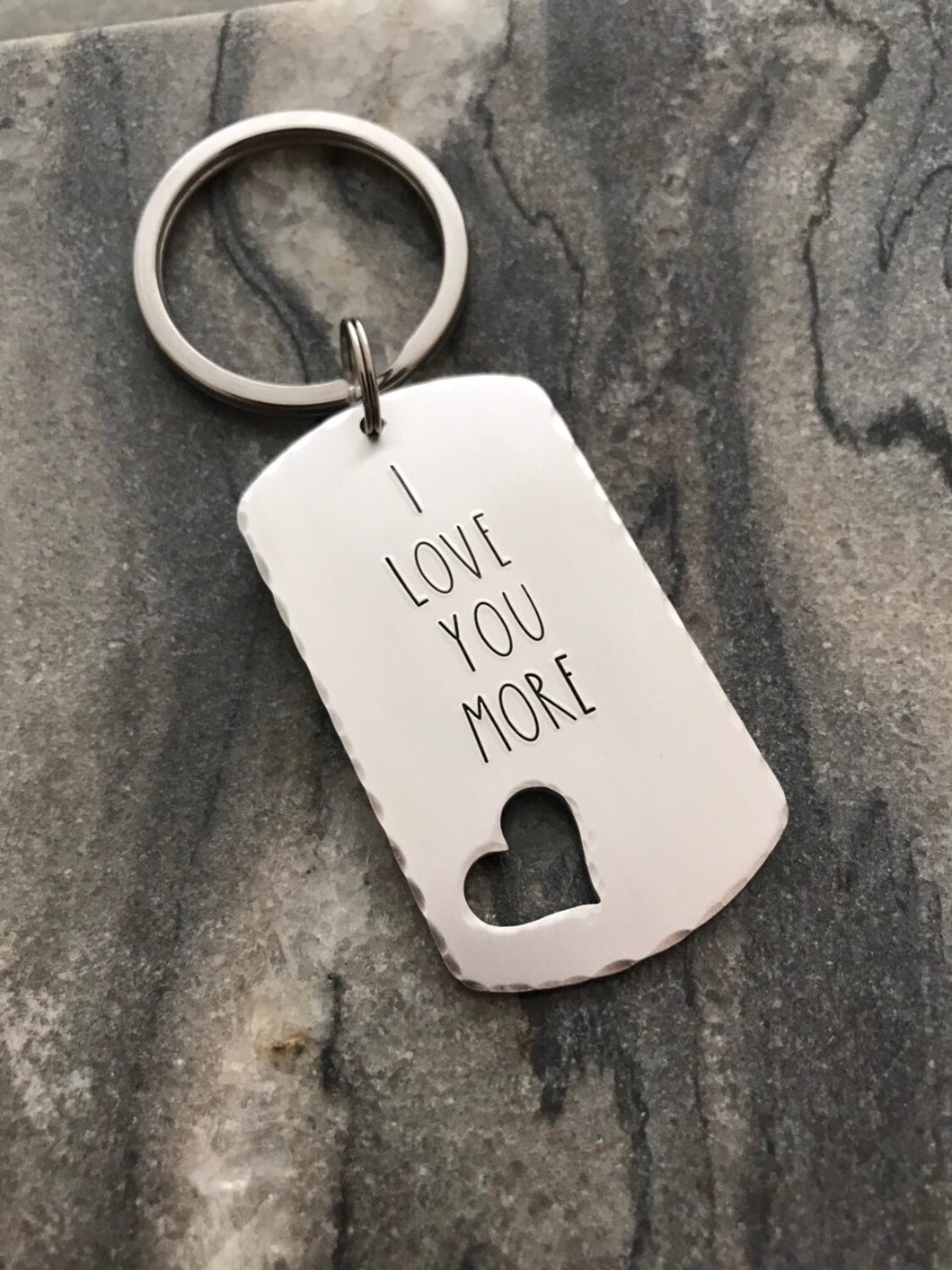 I love you more  - personalized with date - lightweight silver aluminum  dog tag - Hand Stamped Keychain - Valentine's Day gift for him