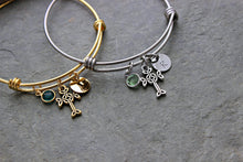 Load image into Gallery viewer, Silver or gold Celtic cross charm bracelet, stainless steel adjustable bangle, Swarovski crystal birthstone and personalized initial disc
