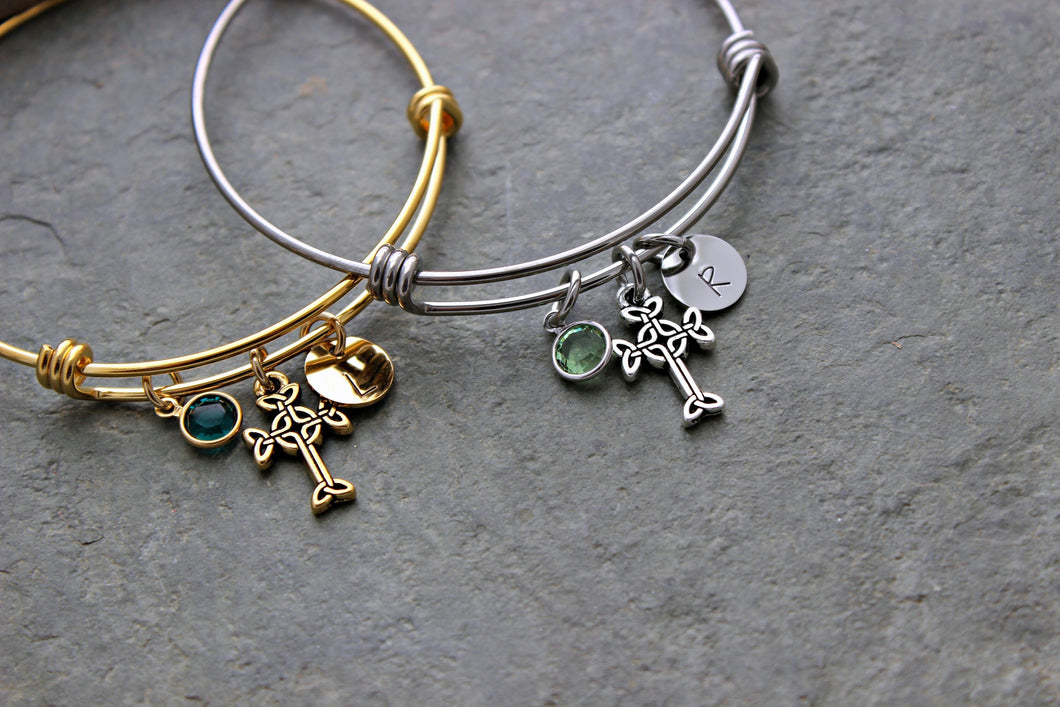 Silver or gold Celtic cross charm bracelet, stainless steel adjustable bangle, Swarovski crystal birthstone and personalized initial disc