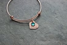 Load image into Gallery viewer, Personalized name bracelet - Heart discs - Swarovski crystal birthstones rose gold, gold or silver stainless steel wire bangle bracelet
