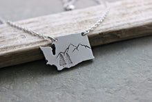 Load image into Gallery viewer, Pacific Northwest Washington State Necklace -Mountain and Trees - Silver Aluminum charm with Stainless steel chain - Outdoors
