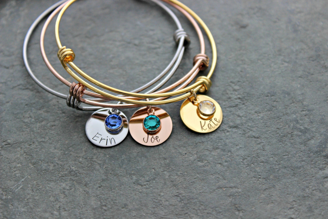 Personalized name bracelet - Silver stainless steel, rose gold or gold - Name disc  Swarovski crystal birthstone - Mother's Day gift for her