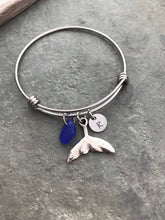Load image into Gallery viewer, Whale tail bracelet, stainless steel adjustable bangle with genuine sea glass, hand stamped initial disc Beach glass jewelry whale tail
