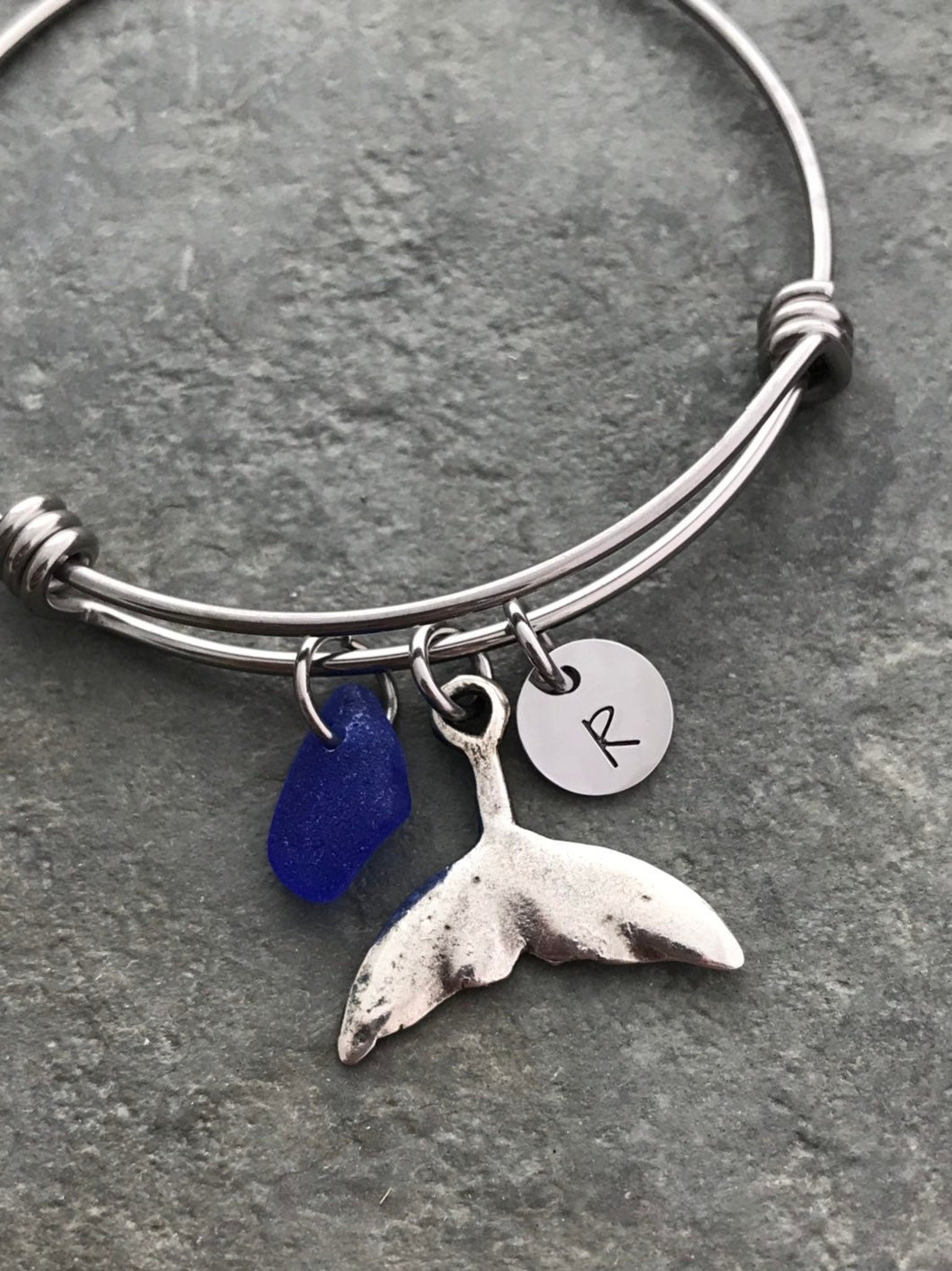 Whale tail bracelet, stainless steel adjustable bangle with genuine sea glass, hand stamped initial disc Beach glass jewelry whale tail