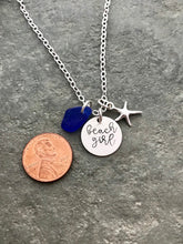 Load image into Gallery viewer, Sterling silver beach girl necklace, genuine sea glass cobalt blue and sterling silver starfish charm, hand stamped disc, Beach Jewelry
