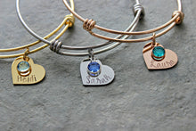 Load image into Gallery viewer, Personalized name bracelet - Heart discs - Swarovski crystal birthstones rose gold, gold or silver stainless steel wire bangle bracelet
