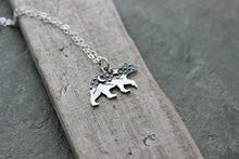 Load image into Gallery viewer, Sterling Silver Mountain Bear Necklace - Bear Shaped Mountain Tree Scene with Bronze Moon and Star - Galaxy necklace
