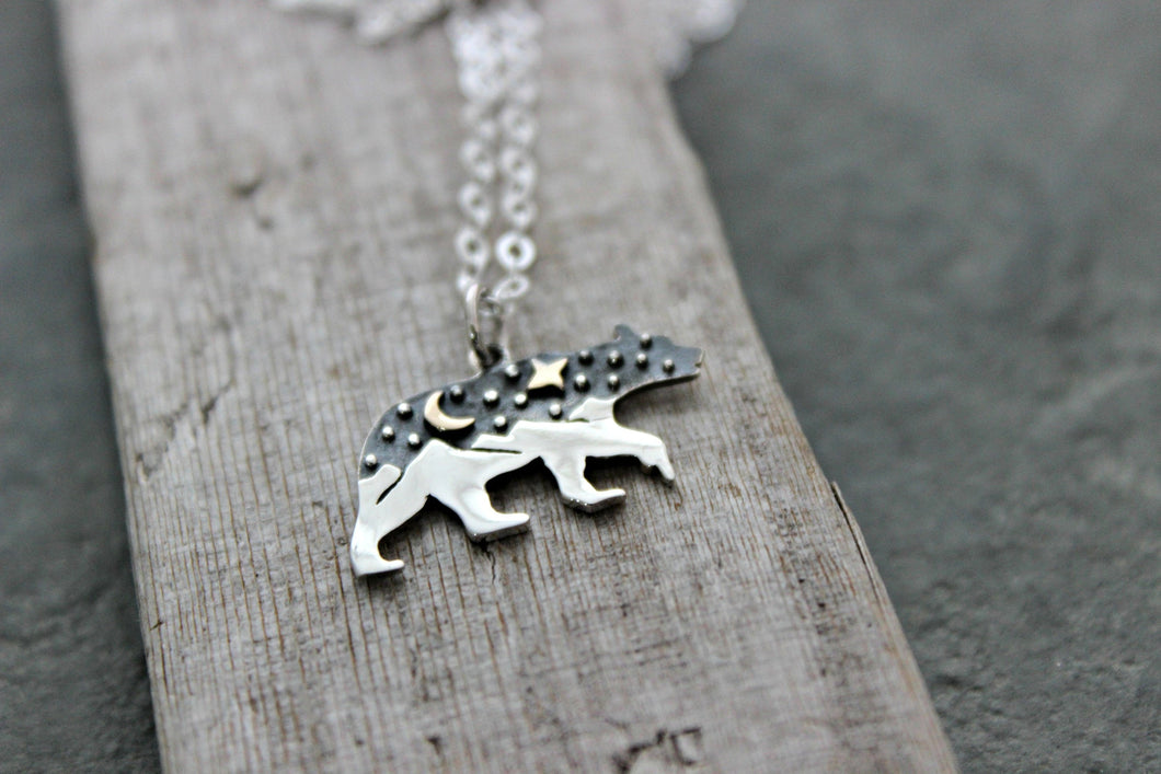 Sterling Silver Mountain Bear Necklace - Bear Shaped Mountain Tree Scene with Bronze Moon and Star - Galaxy necklace