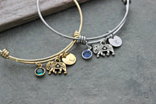 Load image into Gallery viewer, Elephant Charm bracelet - personalized with initial and  Swarovski crystal birthstone gold or stainless steel adjustable wire bracelet
