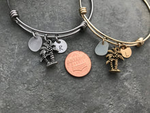 Load image into Gallery viewer, Palm tree charm bracelet with sea glass and initial - choice or gold or silver stainless steel - adjustable wire bangle - Beach jewelry
