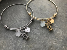 Load image into Gallery viewer, Palm tree charm bracelet with sea glass and initial - choice or gold or silver stainless steel - adjustable wire bangle - Beach jewelry
