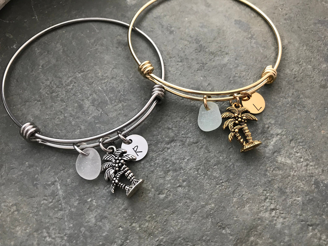 Palm tree charm bracelet with sea glass and initial - choice or gold or silver stainless steel - adjustable wire bangle - Beach jewelry