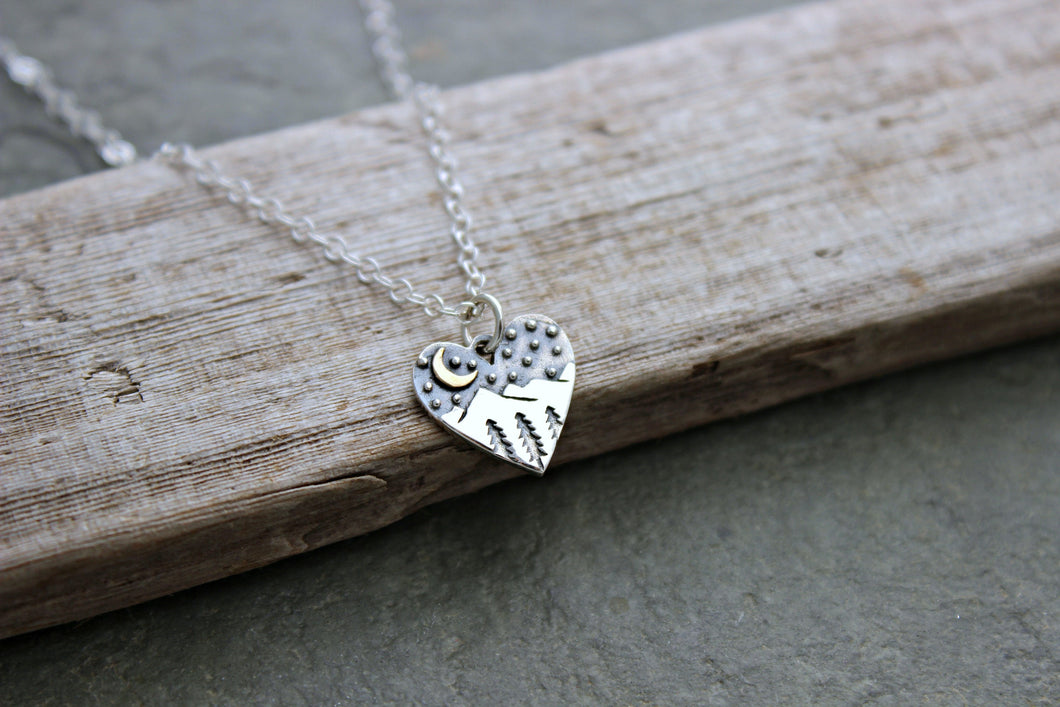 Sterling Silver Mountain Love Necklace - Heart Shaped Mountain Tree Scene with Bronze Moon - Pacific Northwest Theme