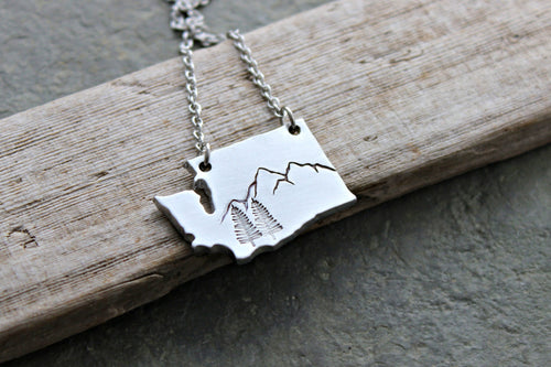 Pacific Northwest Washington State Necklace -Mountain and Trees - Silver Aluminum charm with Stainless steel chain - Outdoors